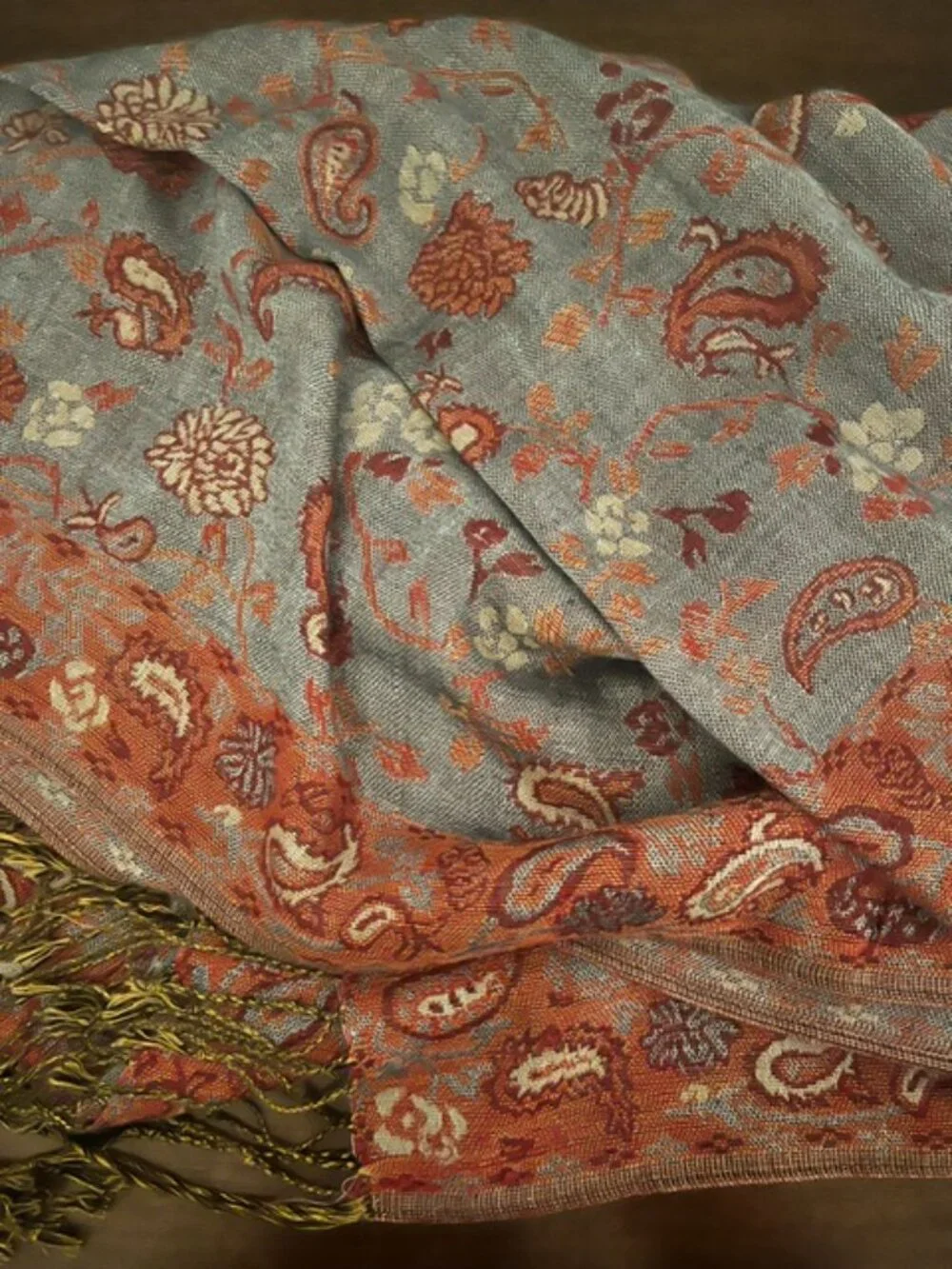 Scarf Wrap Pashmina Paisley Fringe Blue Orange
